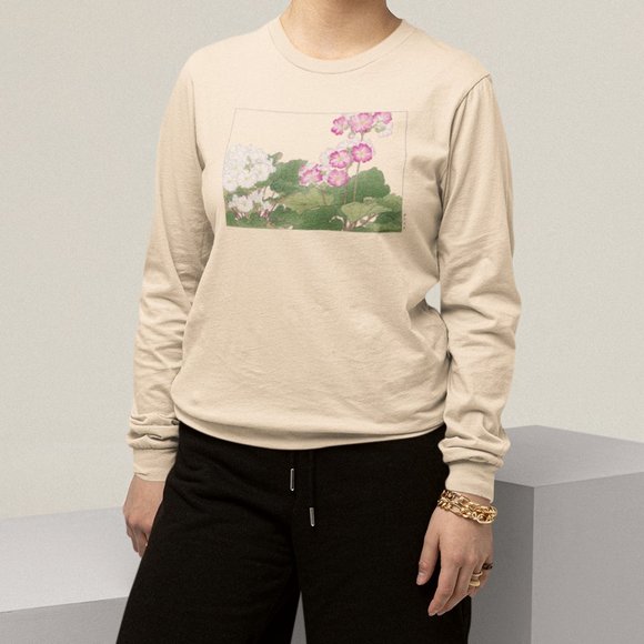 Primrose Flowers Japanese Ukyio-e Print Long Sleeve Graphic Tee T-shirt S M L XL - Picture 4 of 6